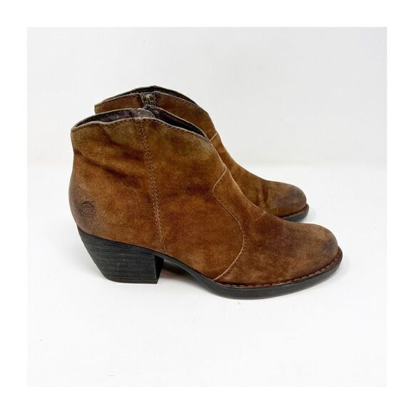 Born Michel Brown Suede Distressed Low Heel Ankle Bootie Side Zip Size 9M - Picture 1 of 8